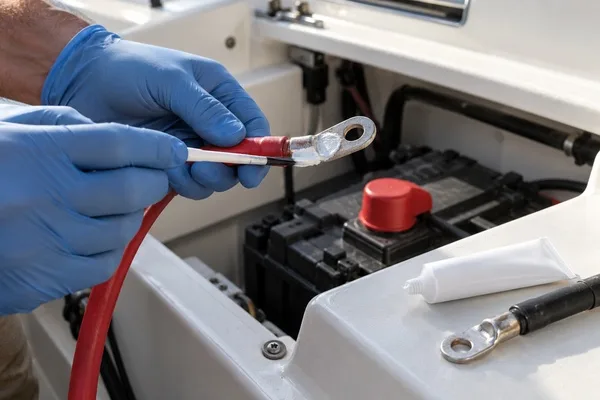 Marine technician applies anti-corrosion paste to a disconnected wiring lug beside a boat battery.
