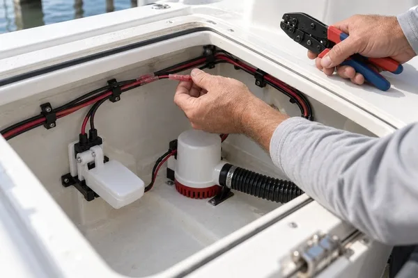 Marine technician inspects sealed wiring connections beside a bilge pump and float switch inside a boat.
